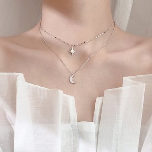 925 Sterling Silver Diamond Moon Star Necklace K - Picture 1 of 7